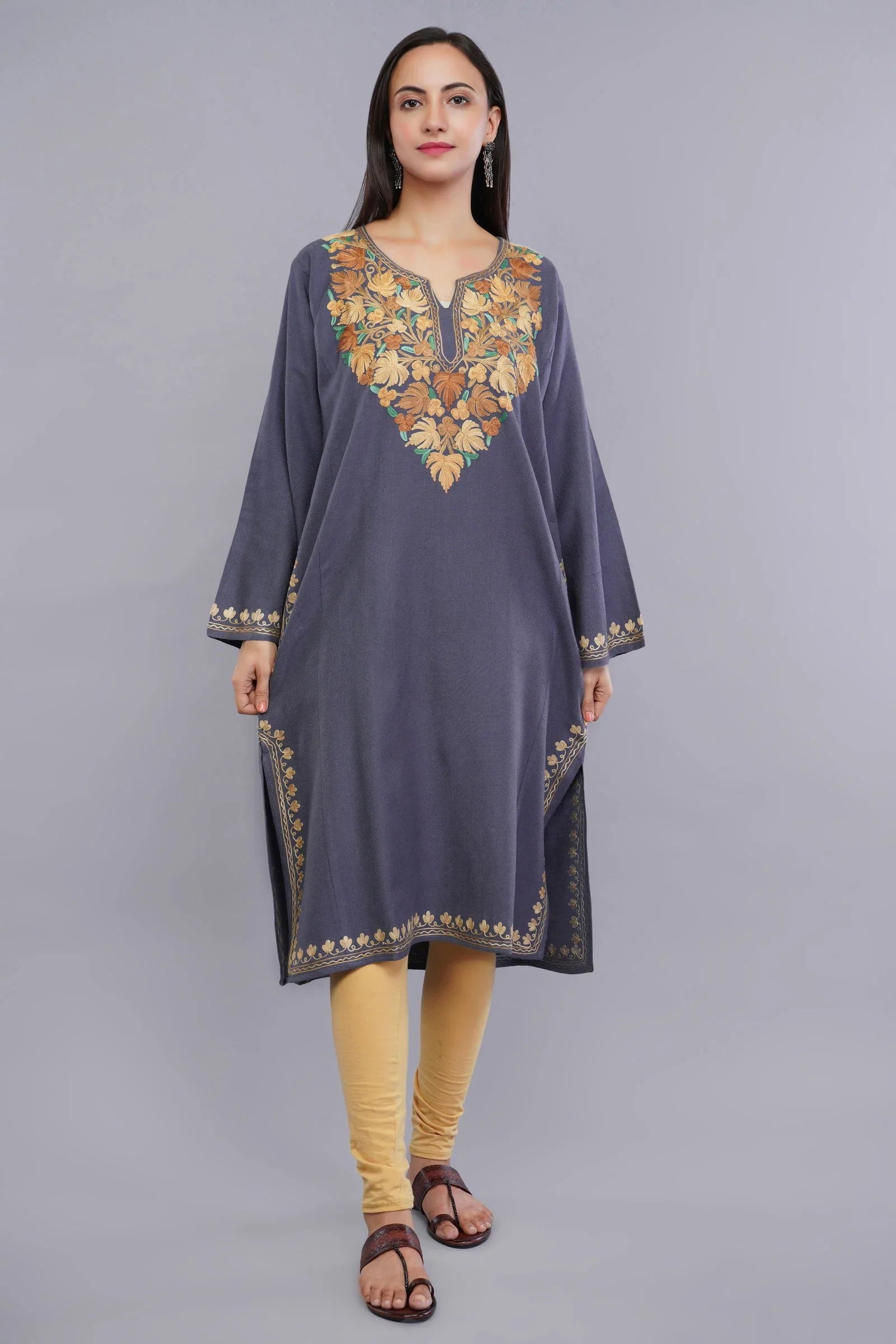 Grey Aari Embroidered Fine Cashmilon Pheran - Kashmiri Pheran