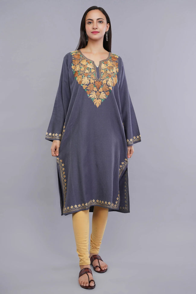 Grey Aari Embroidered Fine Cashmilon Pheran - Kashmiri Pheran