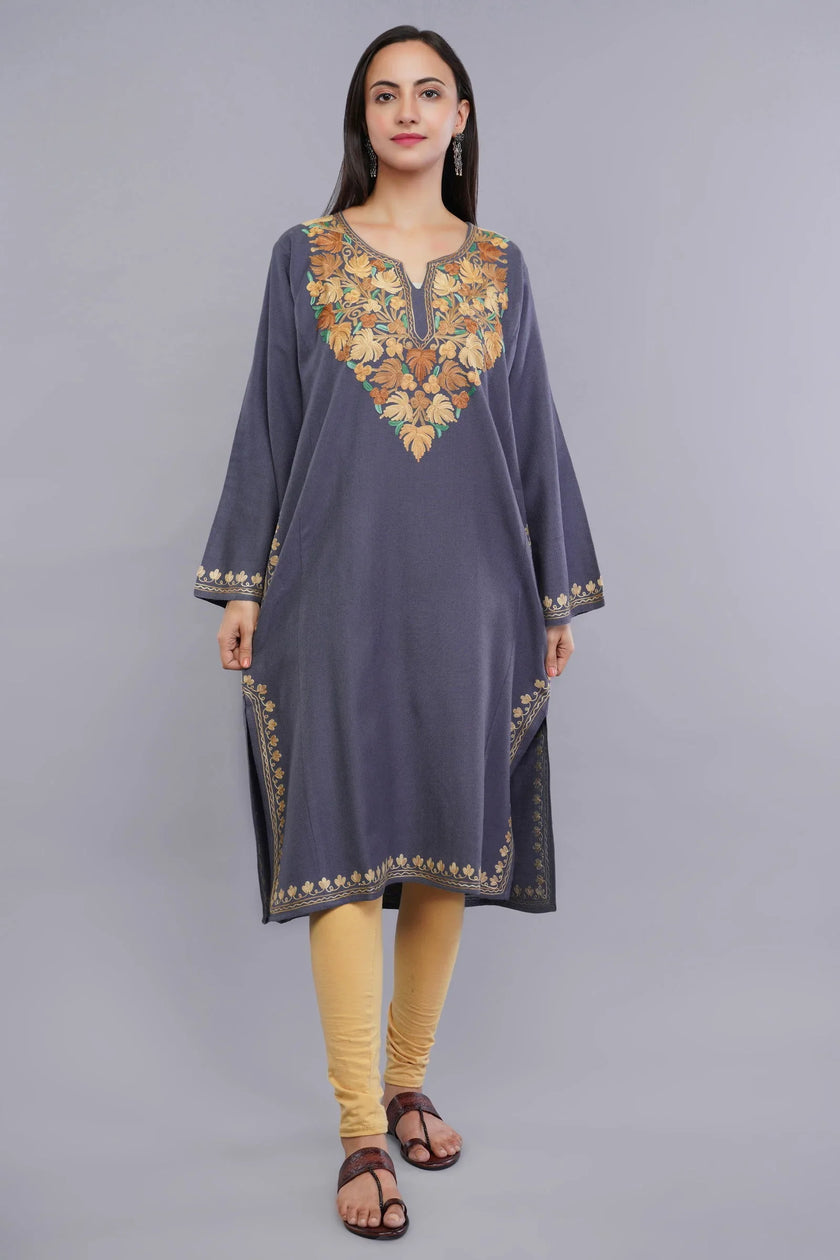 Grey Aari Embroidered Fine Cashmilon Pheran - Kashmiri Pheran