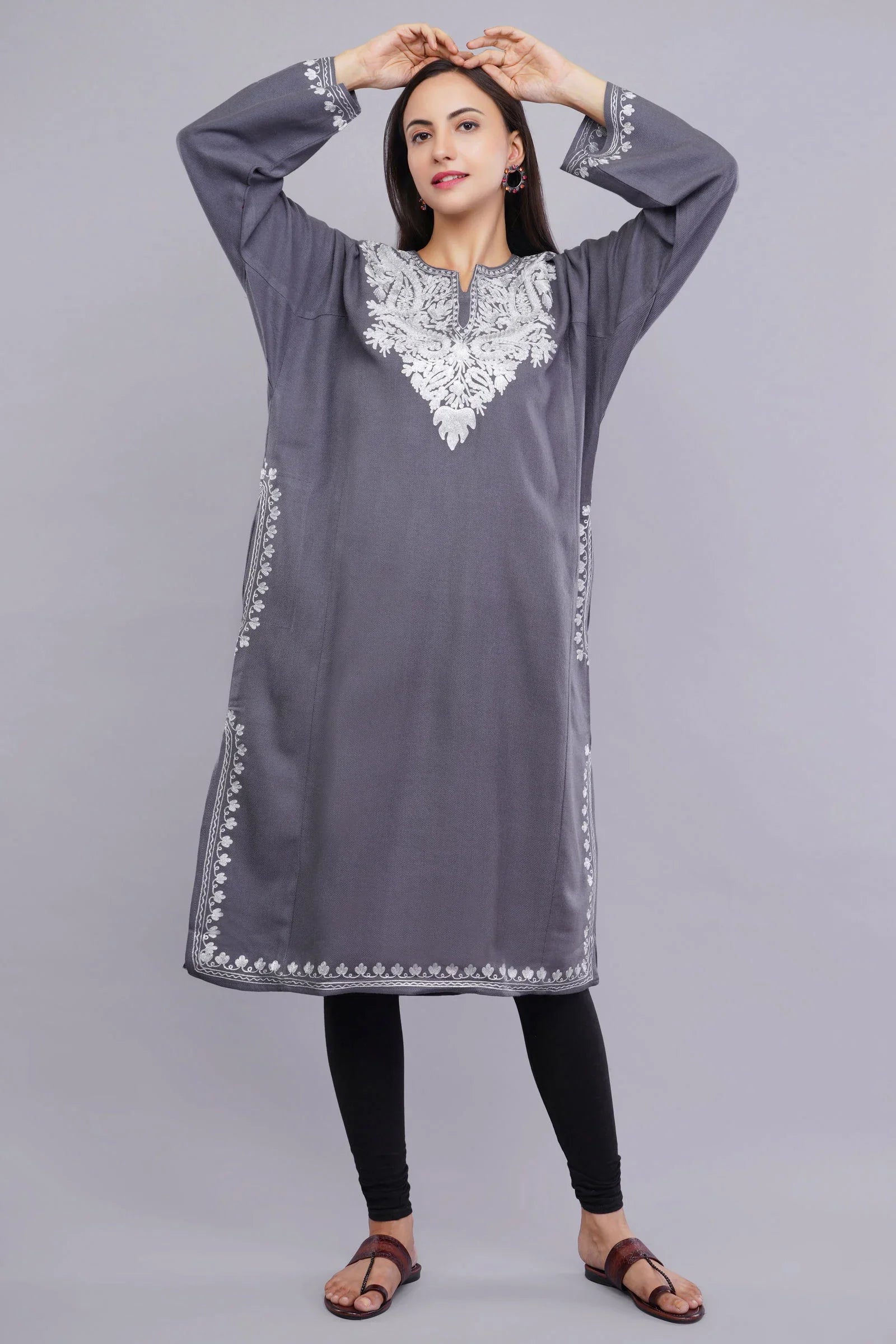 Grey Zari Embroidered Fine Cashmilon Pheran - Kashmiri Pheran