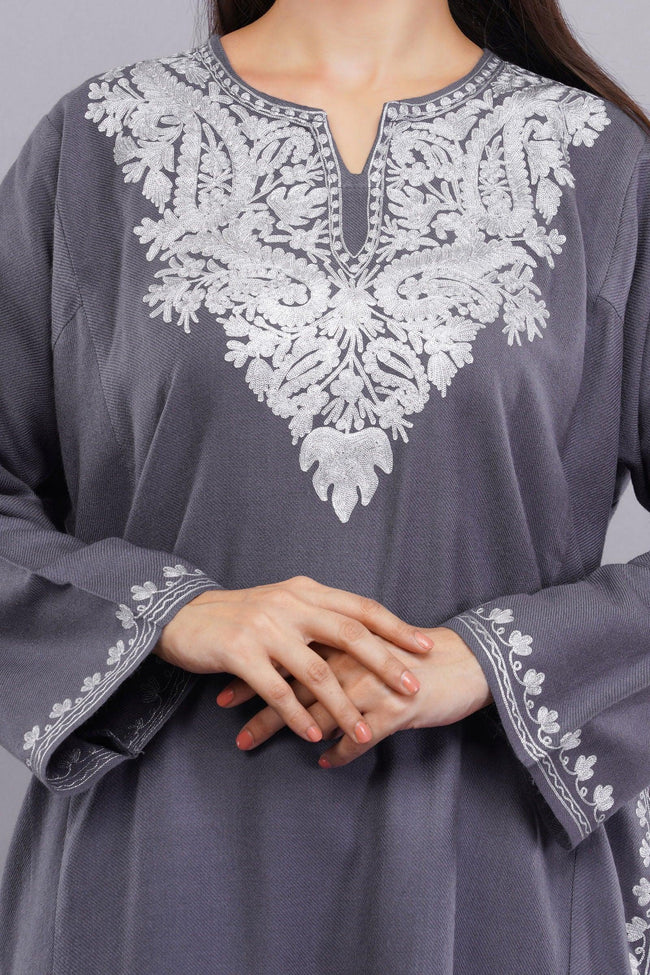 Grey Zari Embroidered Fine Cashmilon Pheran - Kashmiri Pheran