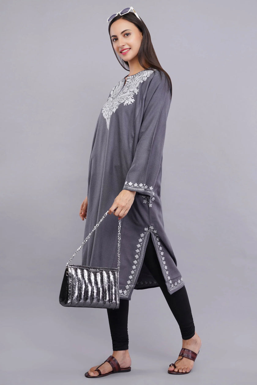 Grey Zari Embroidered Fine Cashmilon Pheran - Kashmiri Pheran