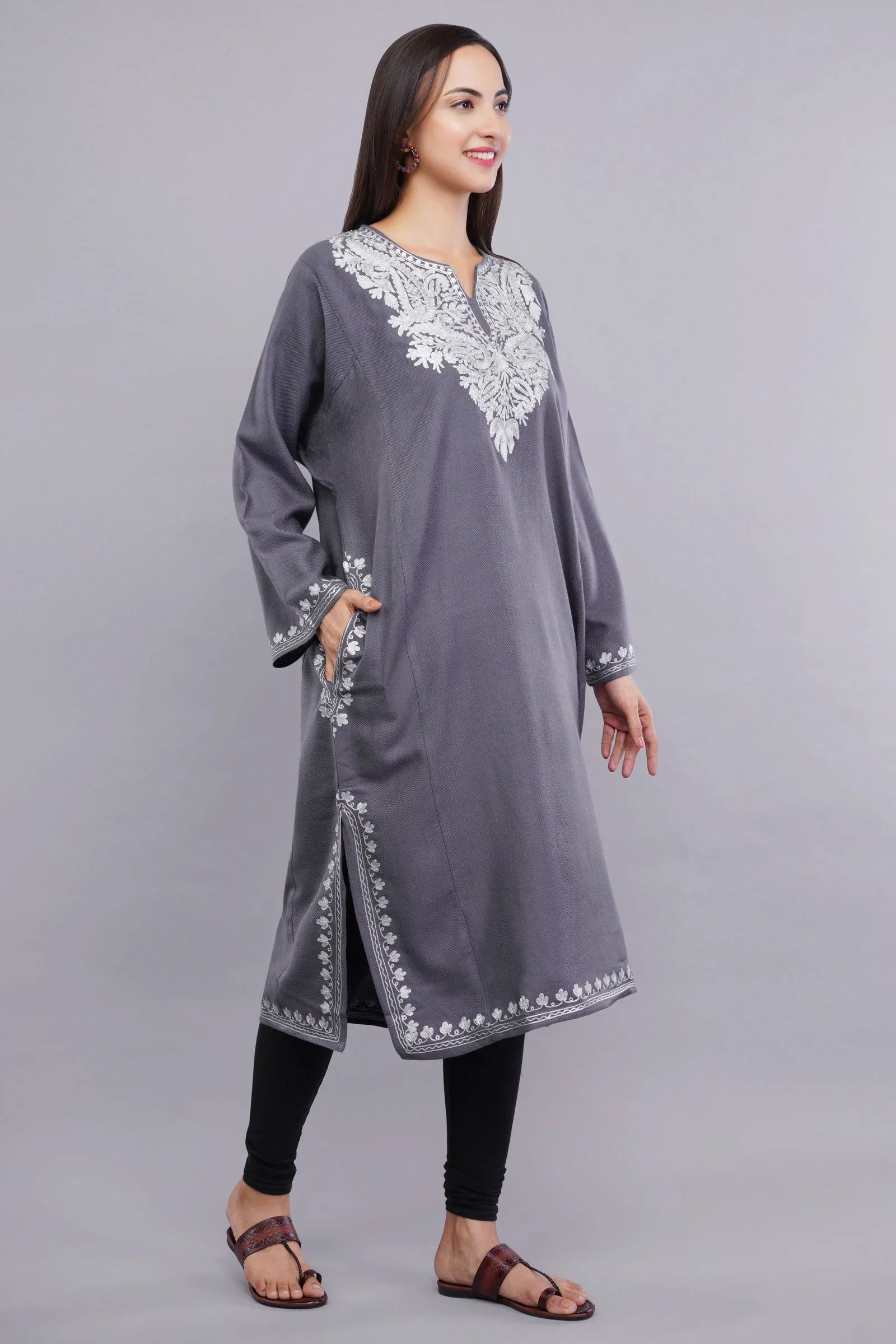 Grey Zari Embroidered Fine Cashmilon Pheran - Kashmiri Pheran
