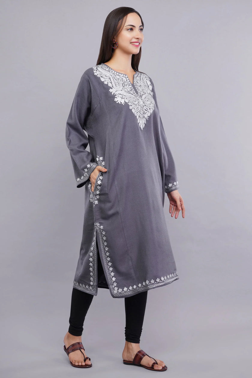 Grey Zari Embroidered Fine Cashmilon Pheran - Kashmiri Pheran