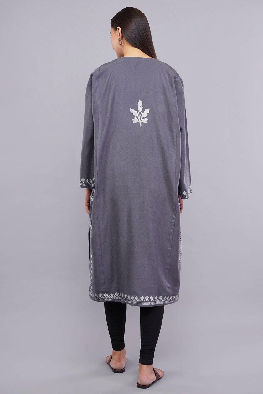 Grey Zari Embroidered Fine Cashmilon Pheran - Kashmiri Pheran