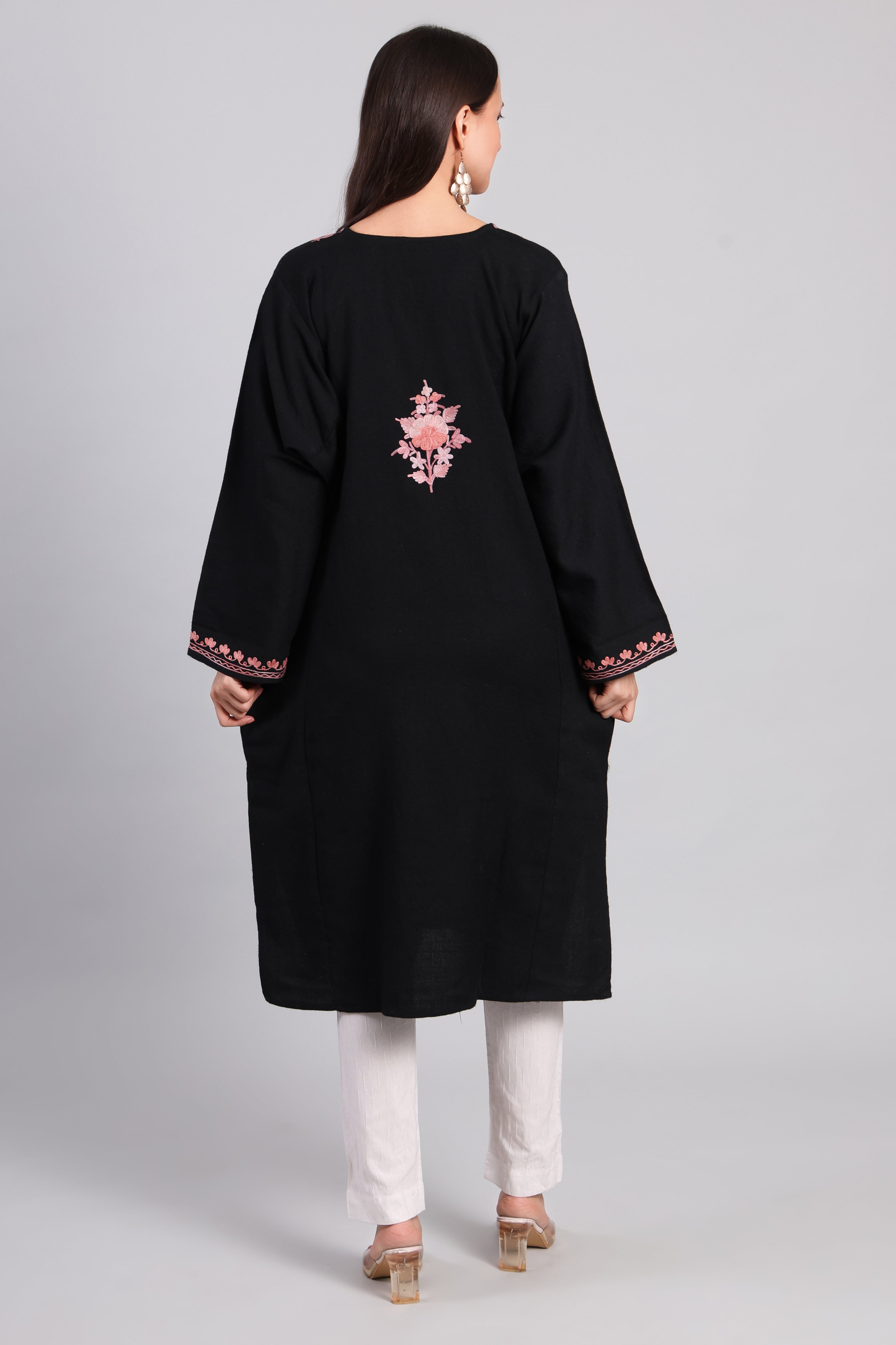 Gul-e-Siyah — Black Pheran with Rose Pink Aari Kashmiri Embroidery-Back