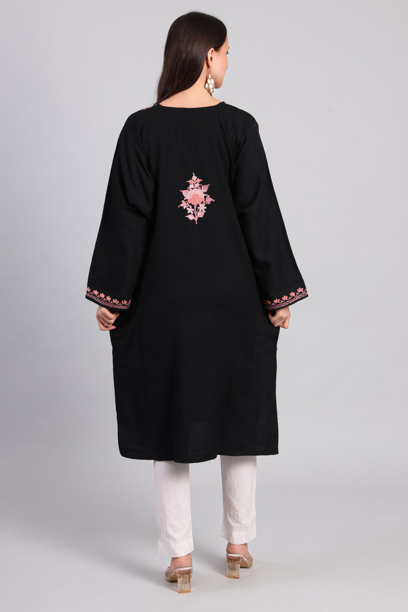 Gul-e-Siyah — Black Pheran with Rose Pink Aari Kashmiri Embroidery-Back