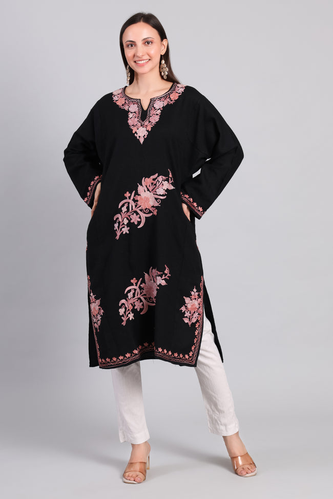 Gul-e-Siyah — Black Pheran with Rose Pink Aari Kashmiri Embroidery-Front