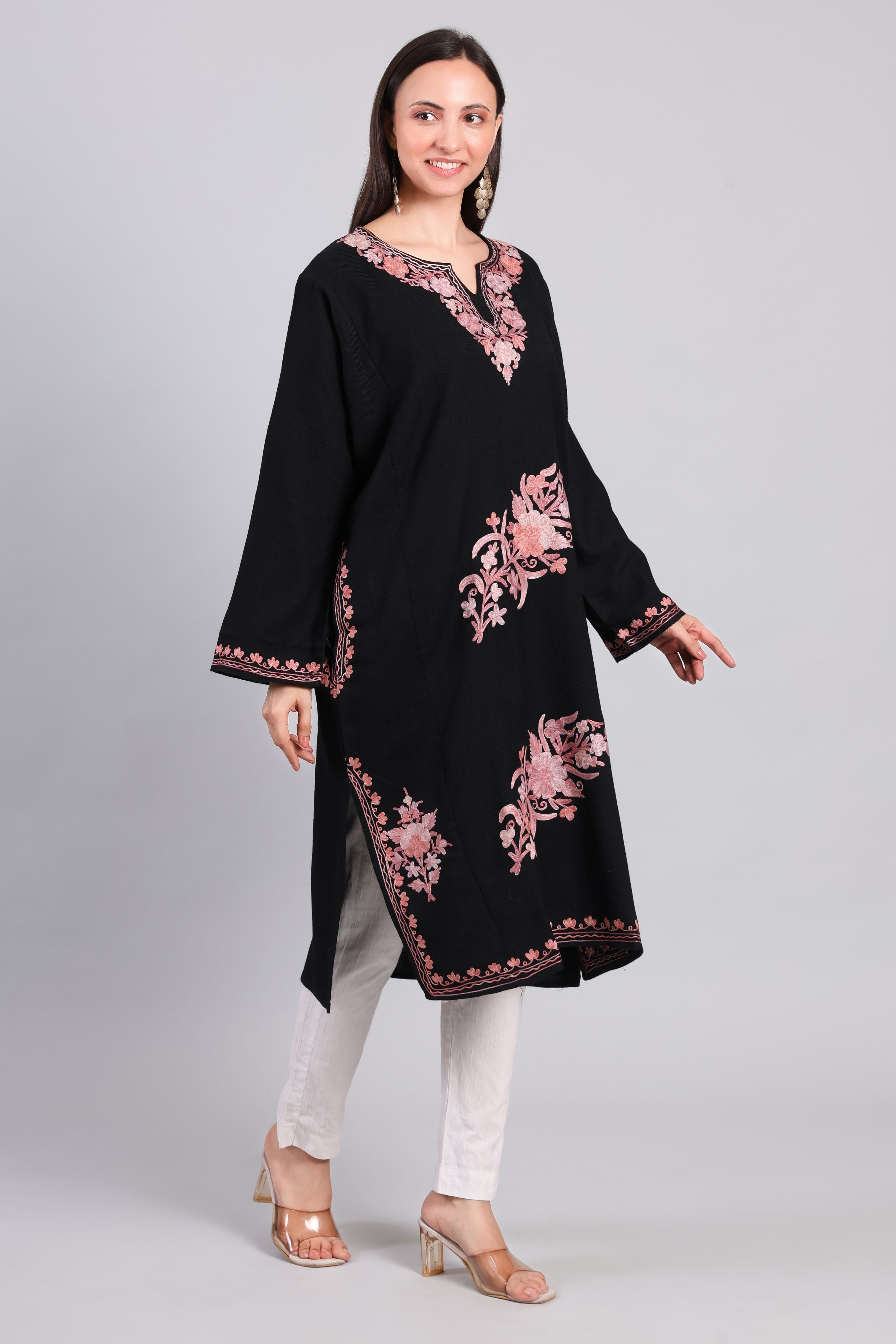 Gul-e-Siyah — Black Pheran with Rose Pink Aari Kashmiri Embroidery-Left