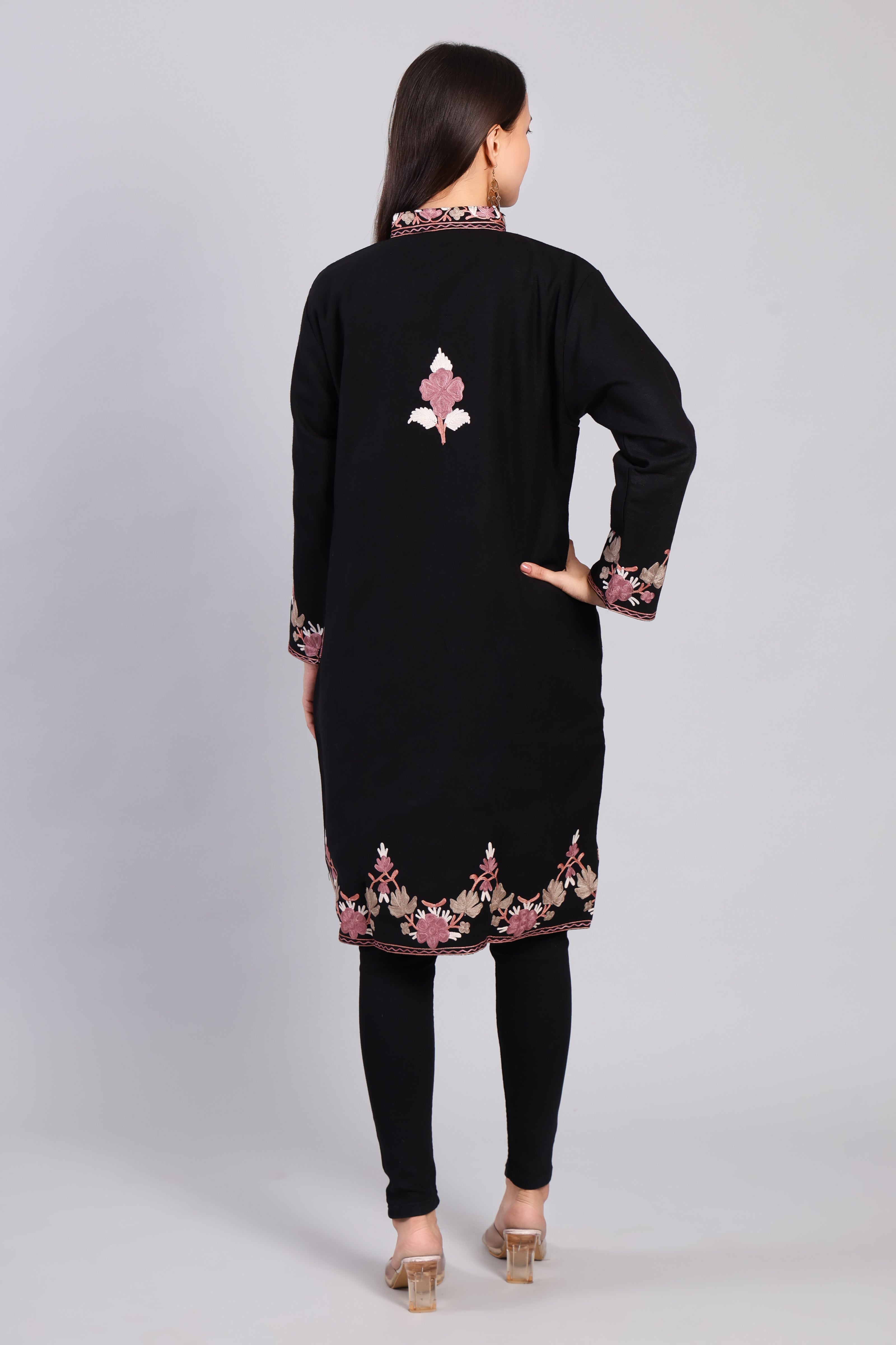 Gulnaar-e-Siyah Black Kashmiri Wool Jacket with Aari Embroidery Back