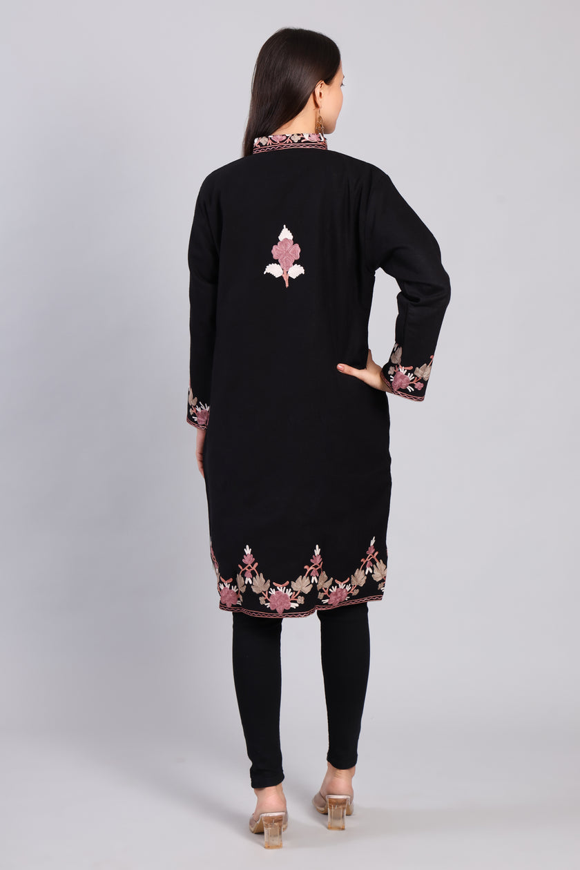 Gulnaar-e-Siyah Black Kashmiri Wool Jacket with Aari Embroidery Back