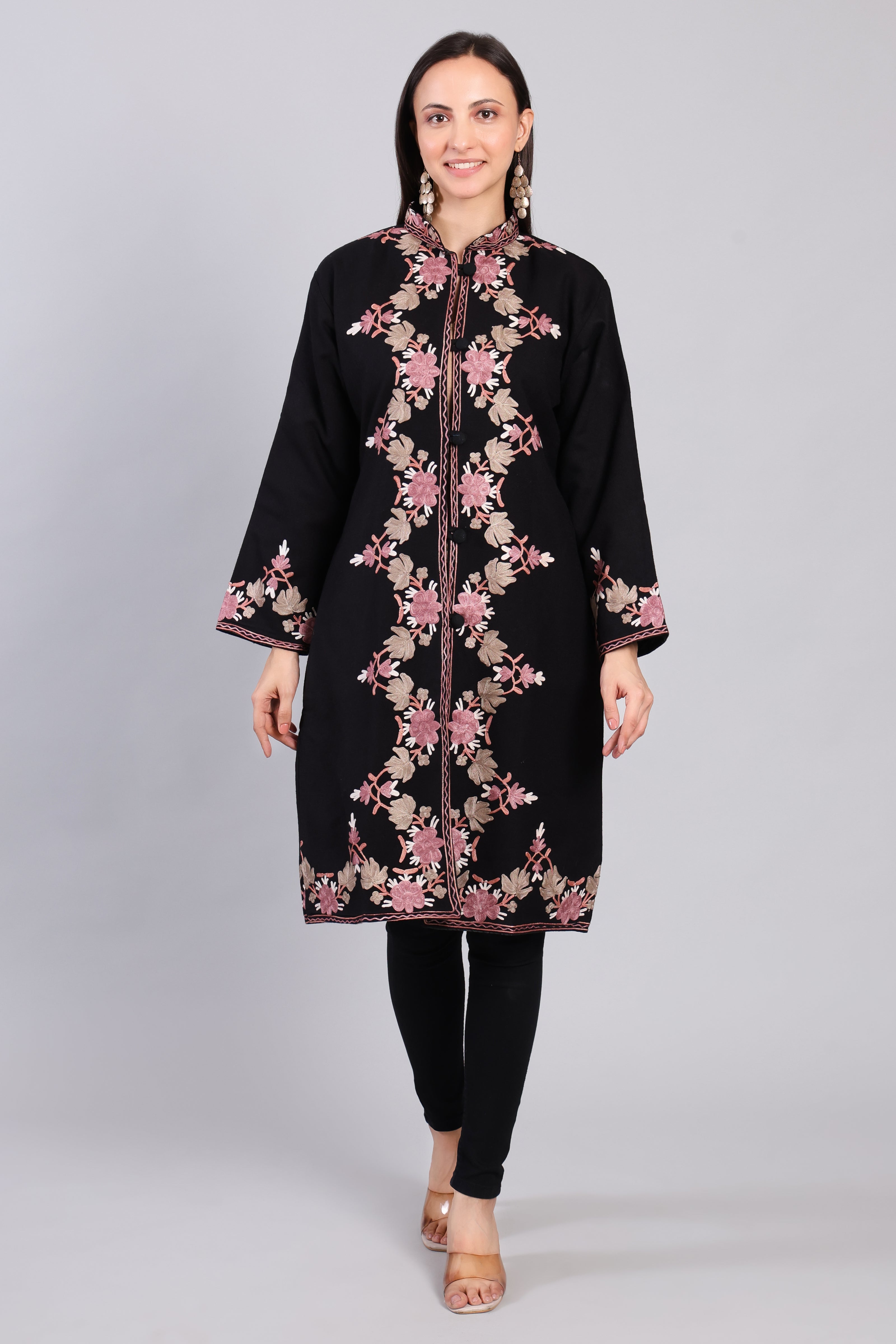 Gulnaar-e-Siyah Black Kashmiri Wool Jacket with Aari Embroidery Front