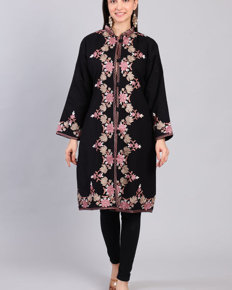 Gulnaar-e-Siyah Black Kashmiri Wool Jacket with Aari Embroidery Front