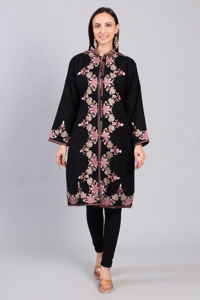 Gulnaar-e-Siyah Black Kashmiri Wool Jacket with Aari Embroidery Front