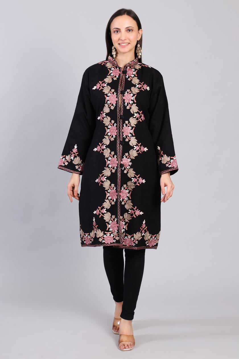 Gulnaar-e-Siyah Black Kashmiri Wool Jacket with Aari Embroidery Front