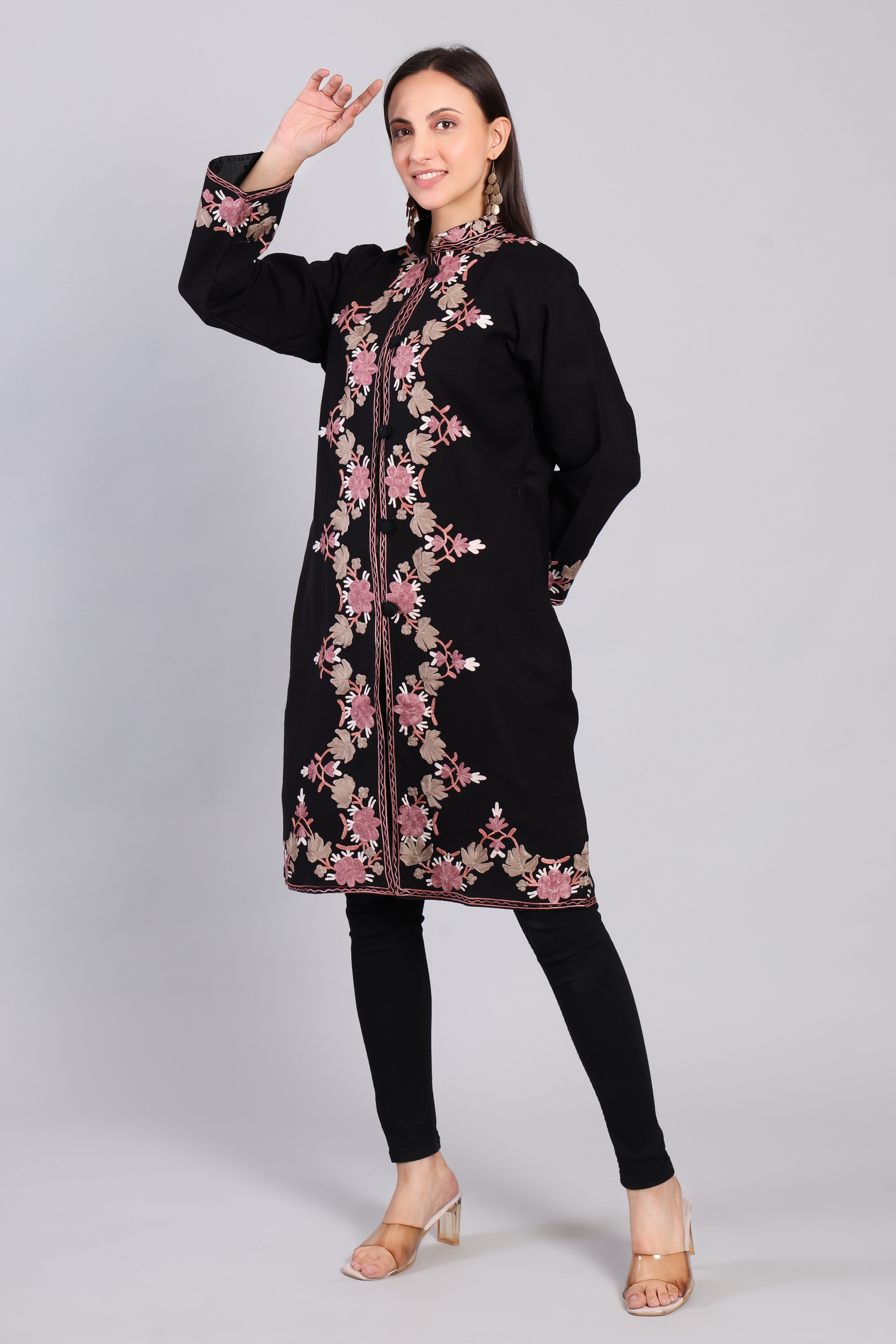 Gulnaar-e-Siyah Black Kashmiri Wool Jacket with Aari Embroidery Side