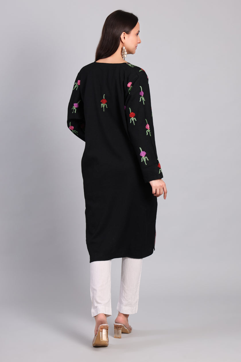 Gultar-e-Bahar — Black Pheran with Multicolor Floral Aari Kashmiri Embroidery-Back