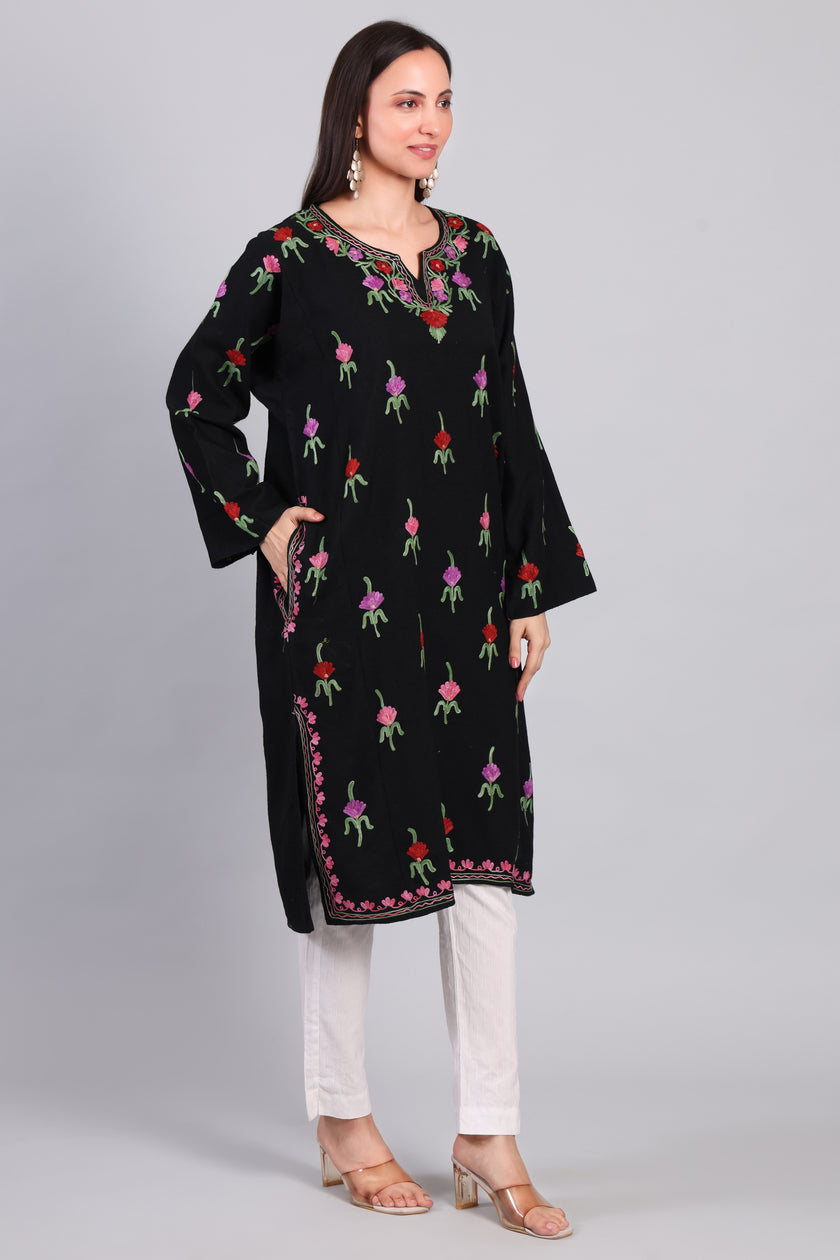 Gultar-e-Bahar — Black Pheran with Multicolor Floral Aari Kashmiri Embroidery-Left