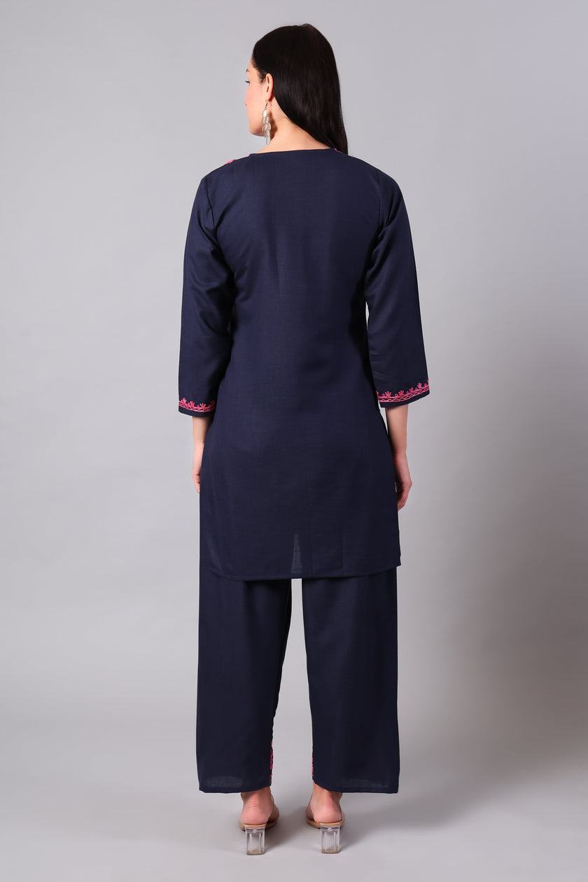 Deep Navy Kashmiri Aari Co-ord Set with Pink Embroidery