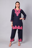Deep Navy Kashmiri Aari Co-ord Set with Pink Embroidery