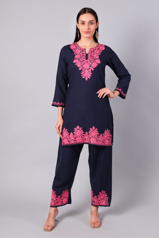 Deep Navy Kashmiri Aari Co-ord Set with Pink Embroidery