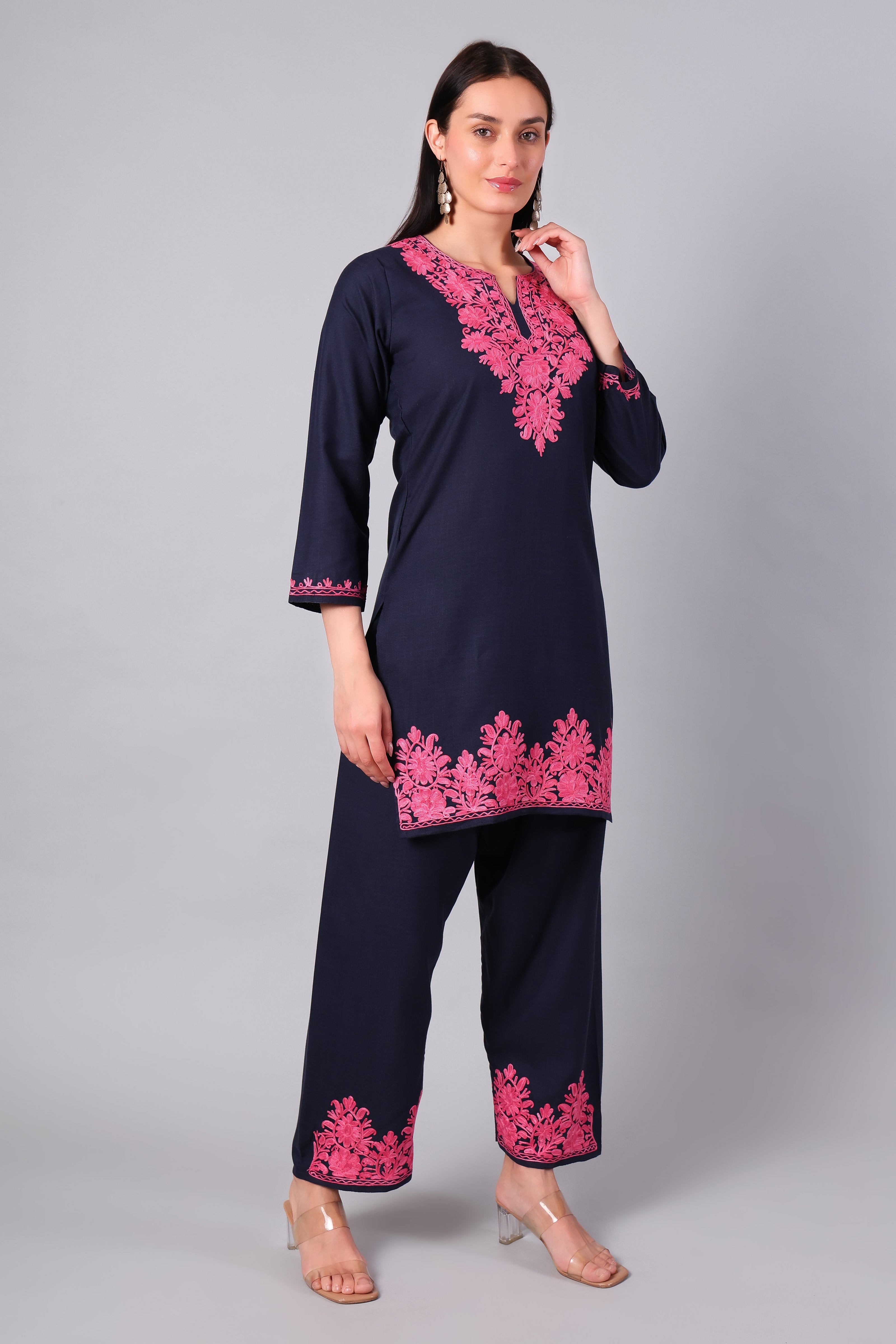 Deep Navy Kashmiri Aari Co-ord Set with Pink Embroidery