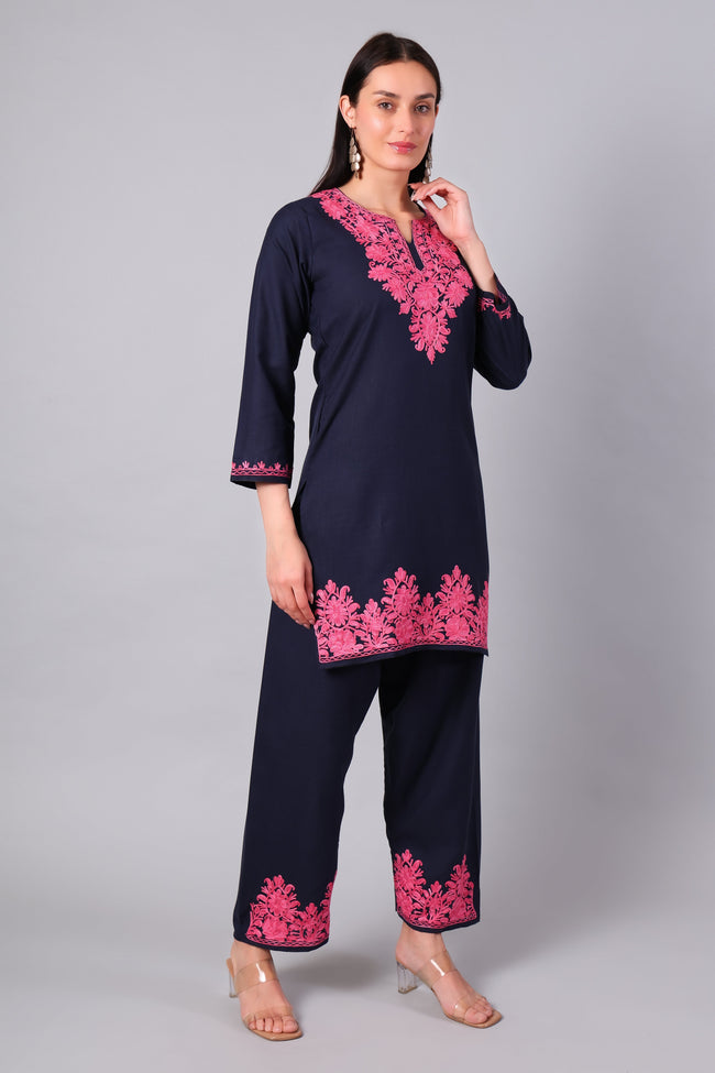 Deep Navy Kashmiri Aari Co-ord Set with Pink Embroidery