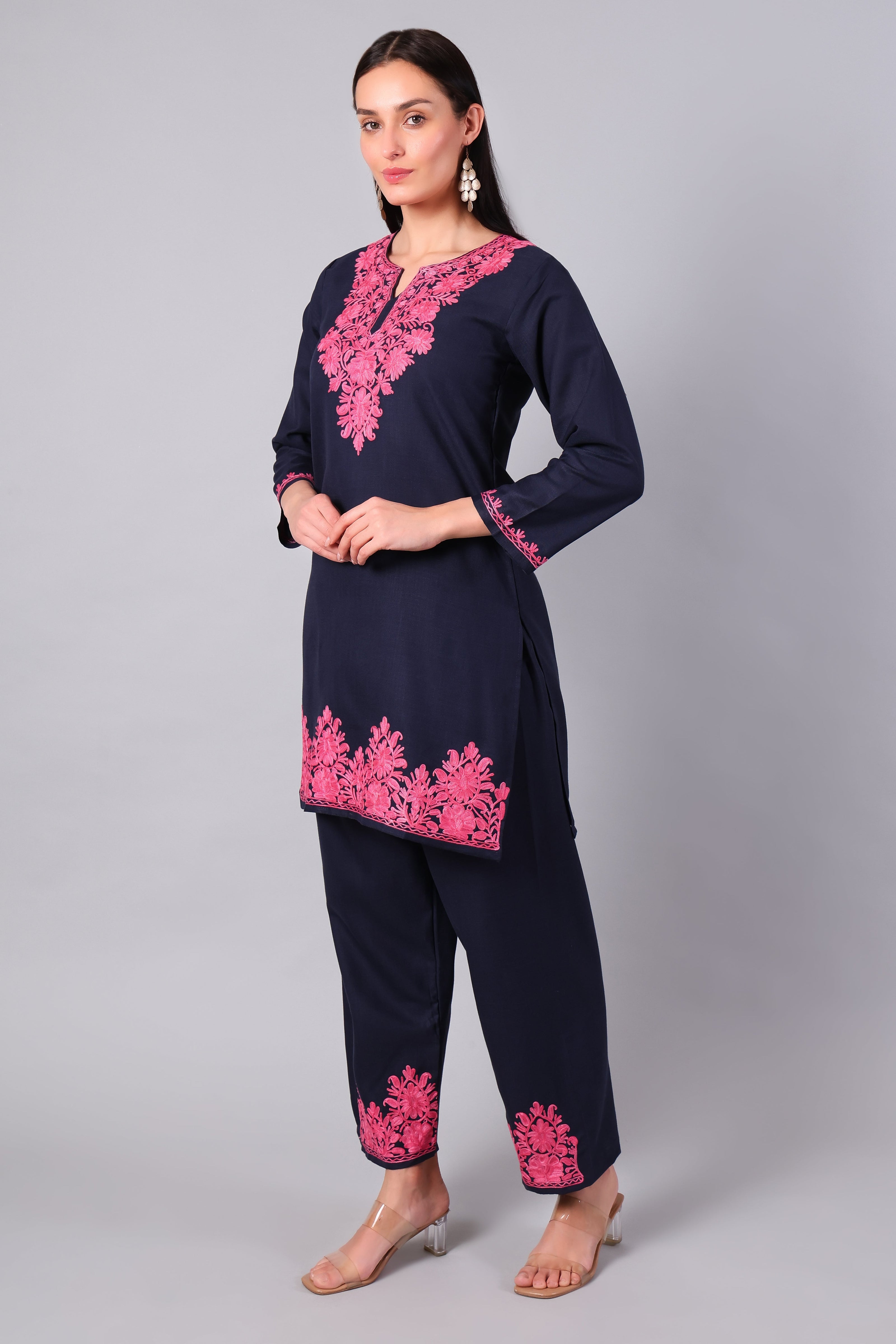 Deep Navy Kashmiri Aari Co-ord Set with Pink Embroidery