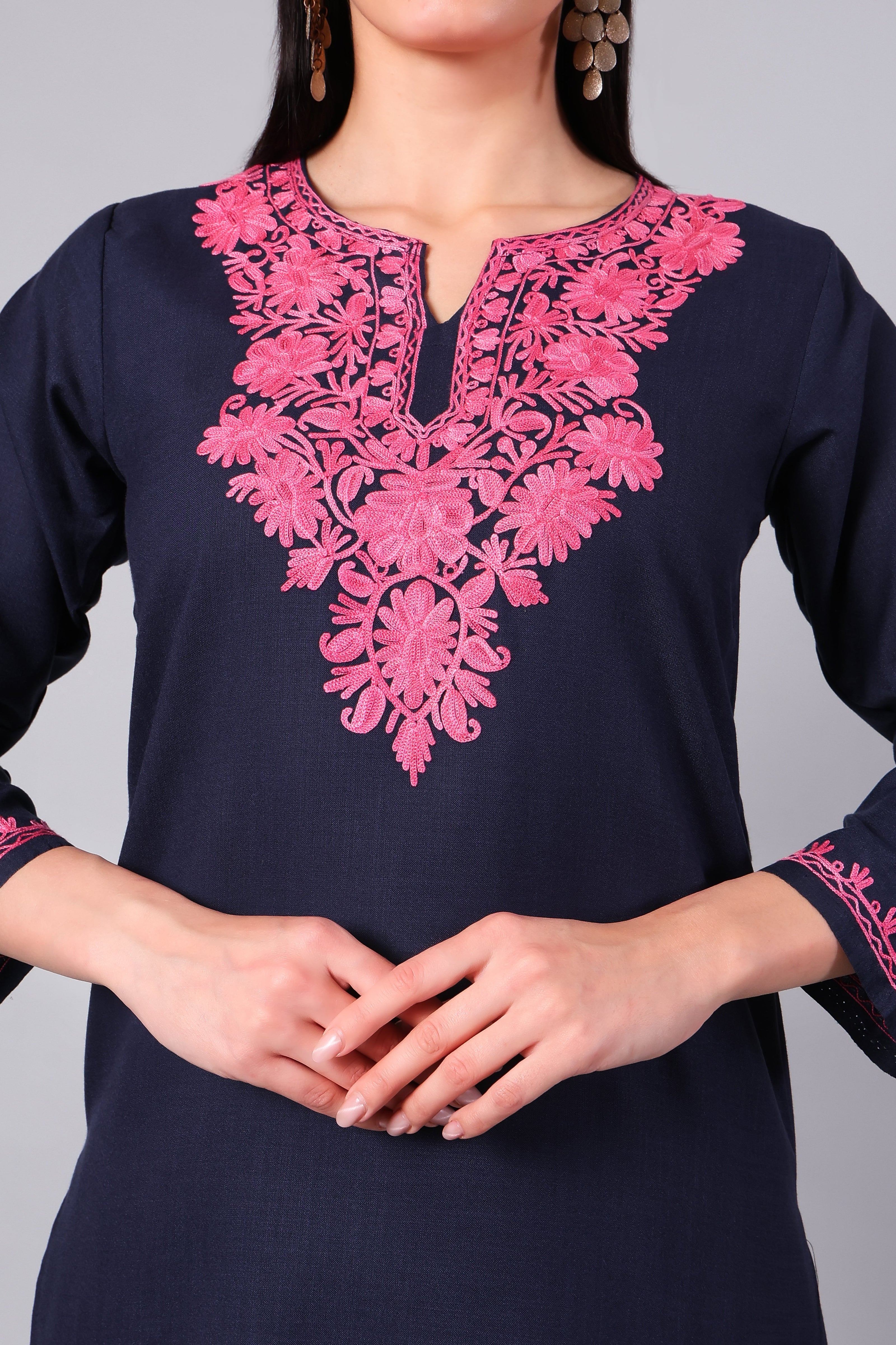 Deep Navy Kashmiri Aari Co-ord Set with Pink Embroidery