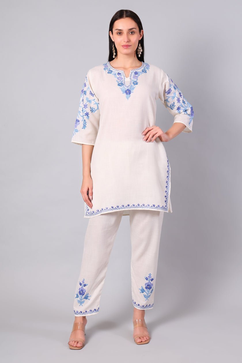 White Kashmiri Aari Co-ord Set with Powder Blue Embroidery