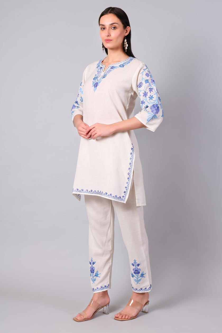 White Kashmiri Aari Co-ord Set with Powder Blue Embroidery