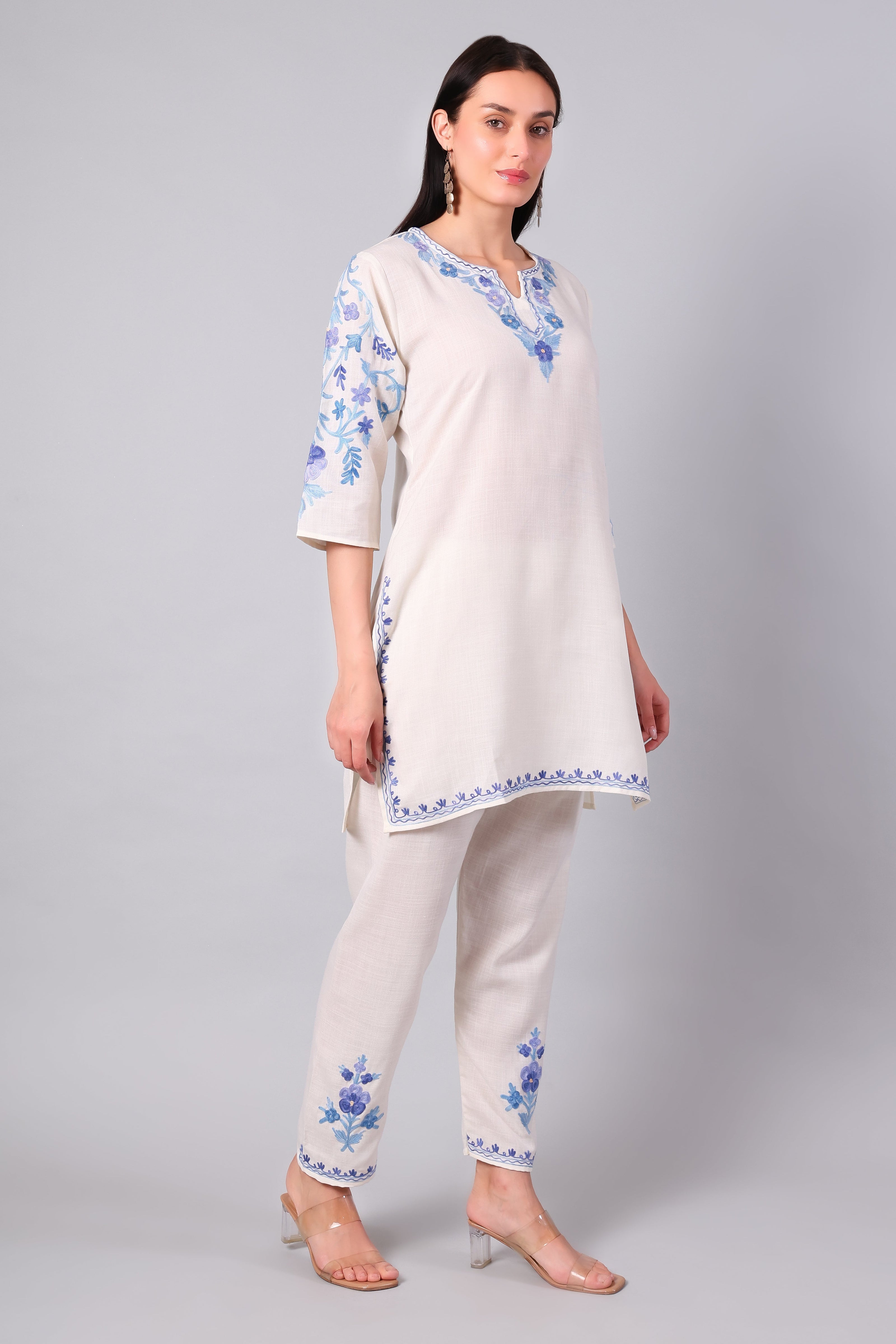 White Kashmiri Aari Co-ord Set with Powder Blue Embroidery
