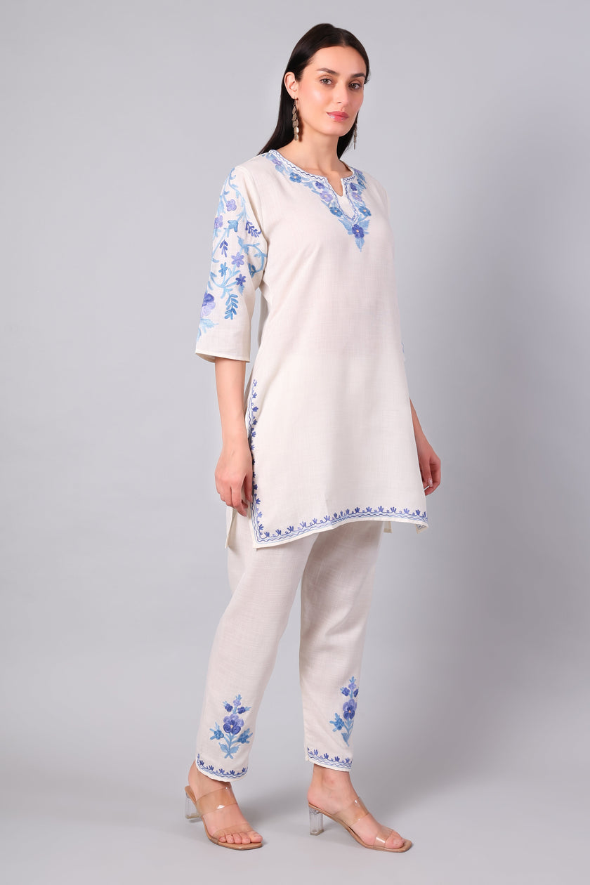 White Kashmiri Aari Co-ord Set with Powder Blue Embroidery