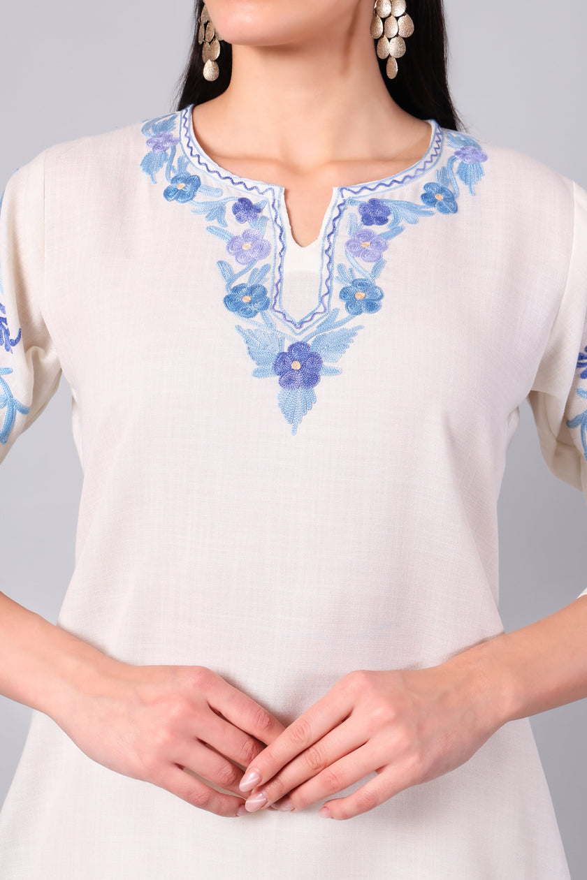 White Kashmiri Aari Co-ord Set with Powder Blue Embroidery