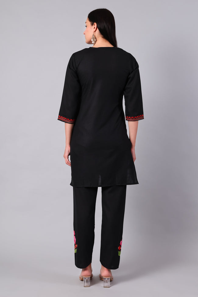 Black Kashmiri Aari Co-ord Set with Multicolour Floral Embroidery