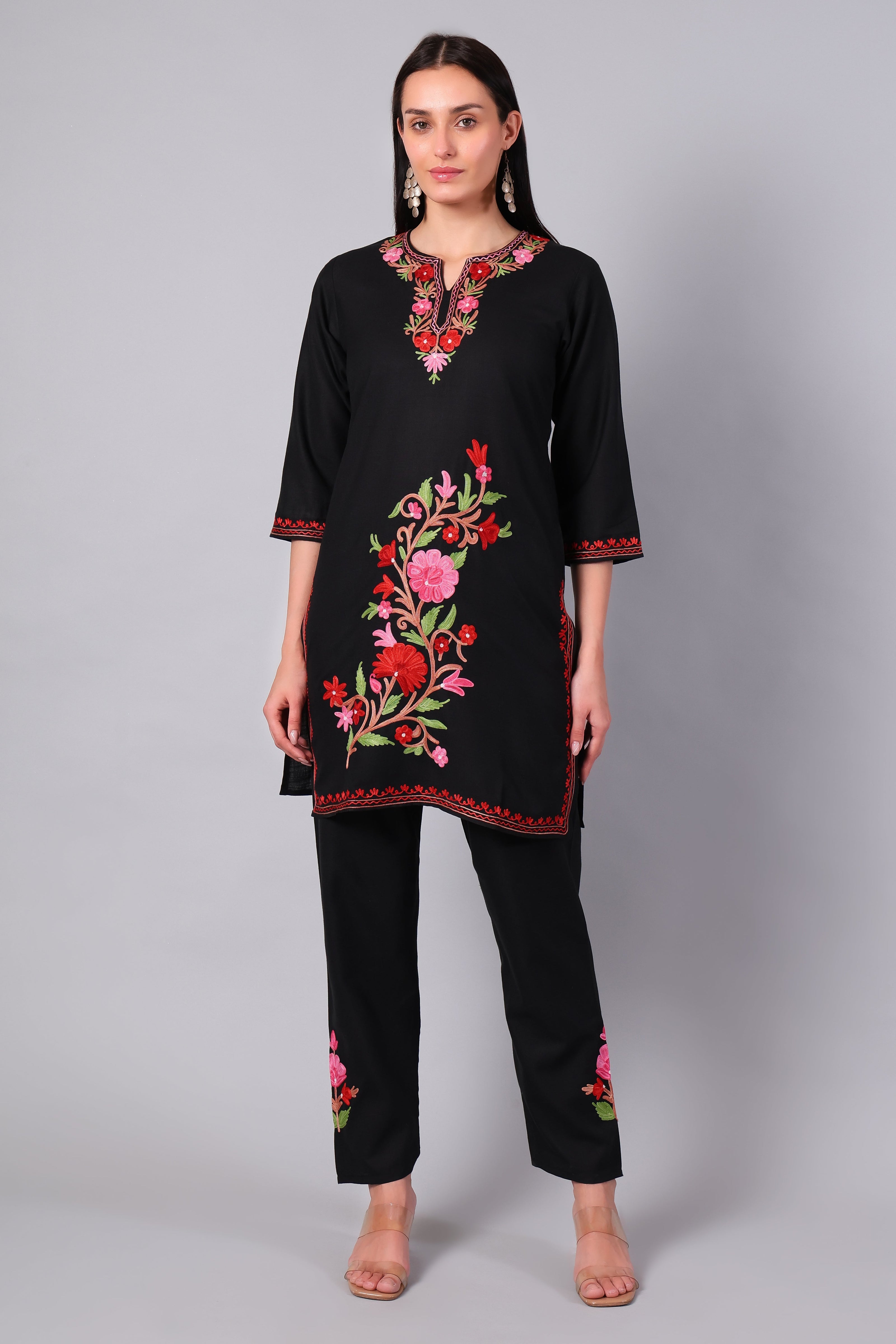 Black Kashmiri Aari Co-ord Set with Multicolour Floral Embroidery