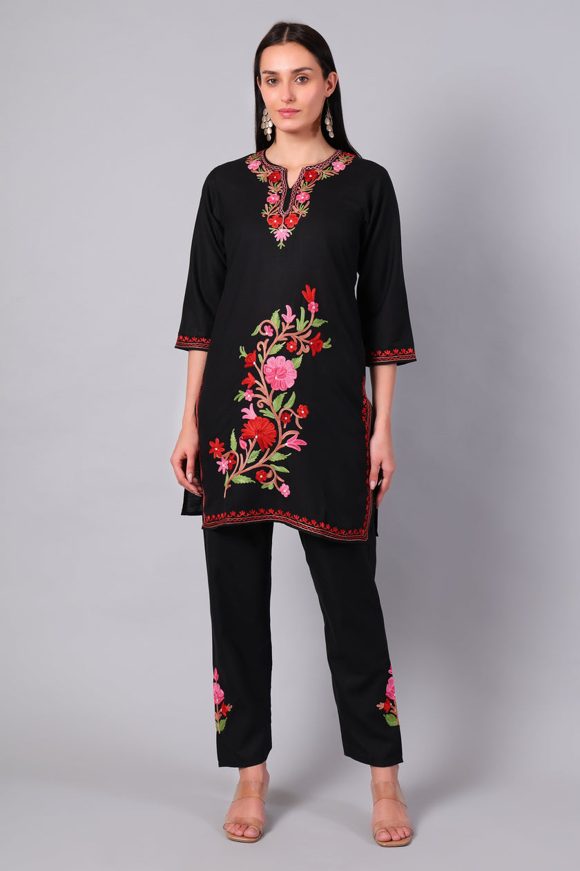 Black Kashmiri Aari Co-ord Set with Multicolour Floral Embroidery