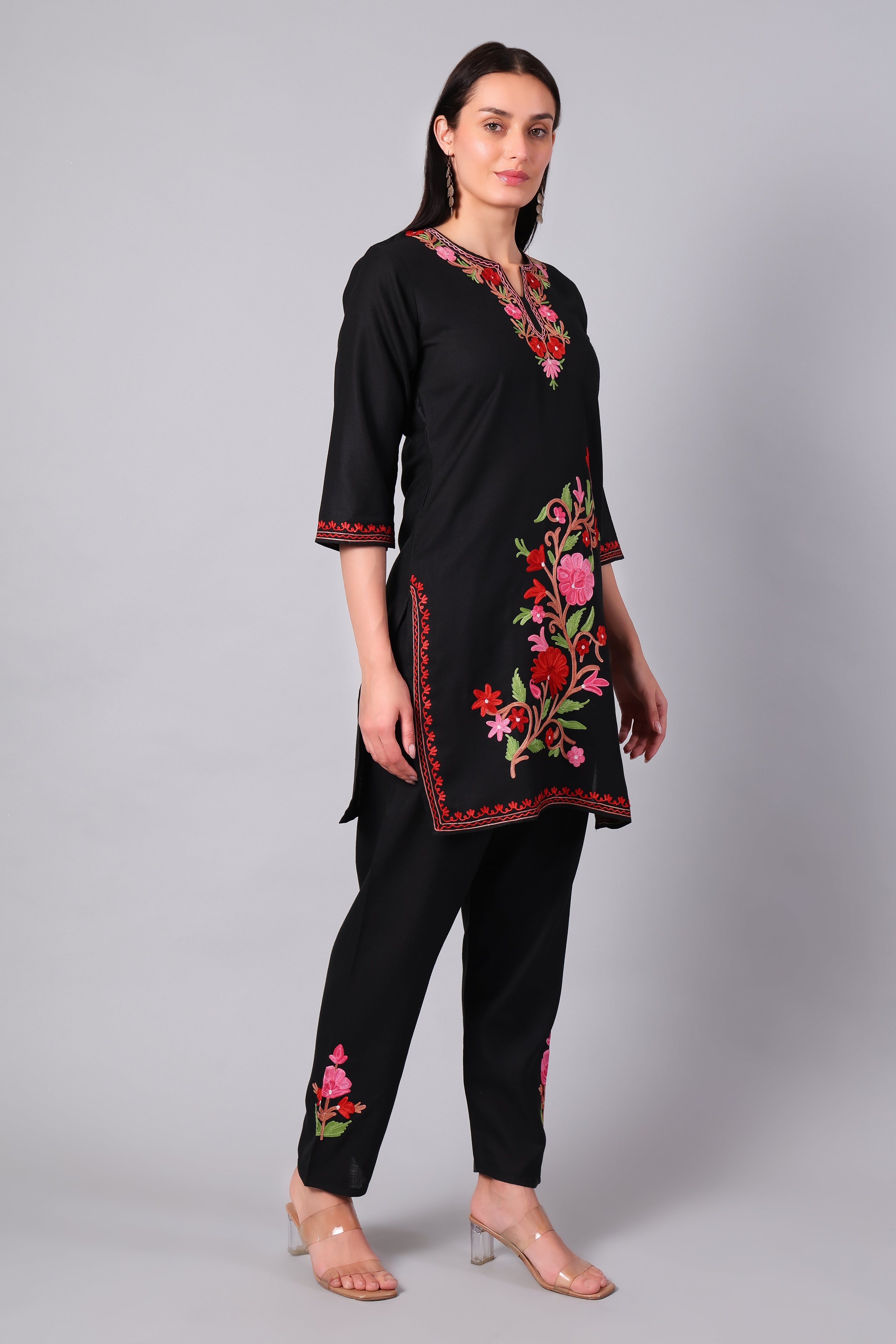 Black Kashmiri Aari Co-ord Set with Multicolour Floral Embroidery