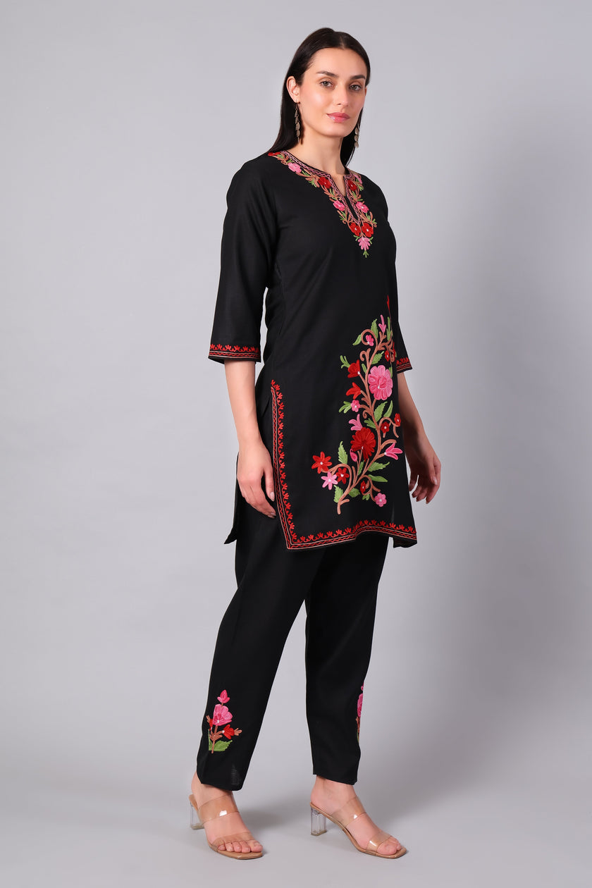 Black Kashmiri Aari Co-ord Set with Multicolour Floral Embroidery