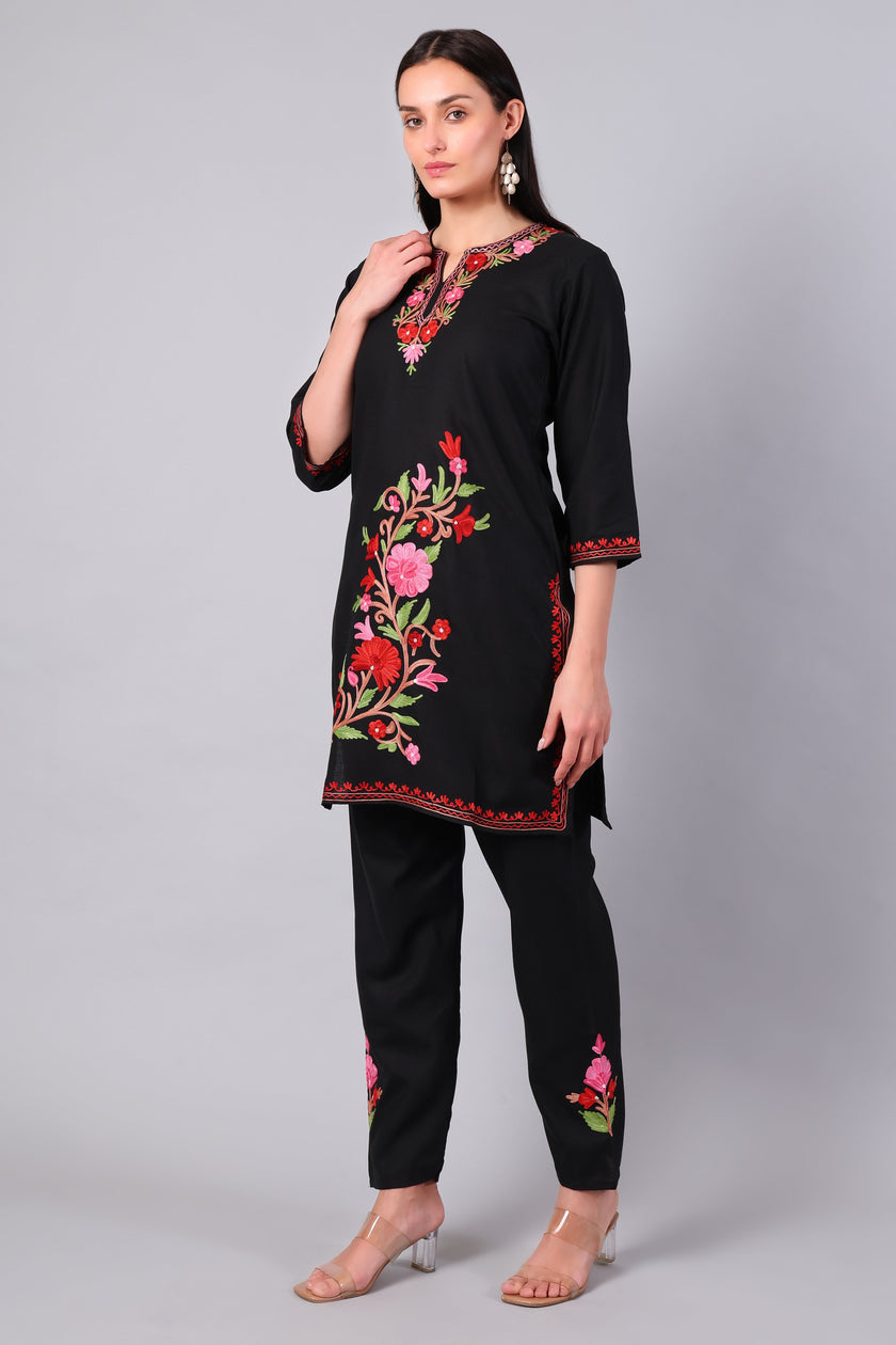 Black Kashmiri Aari Co-ord Set with Multicolour Floral Embroidery