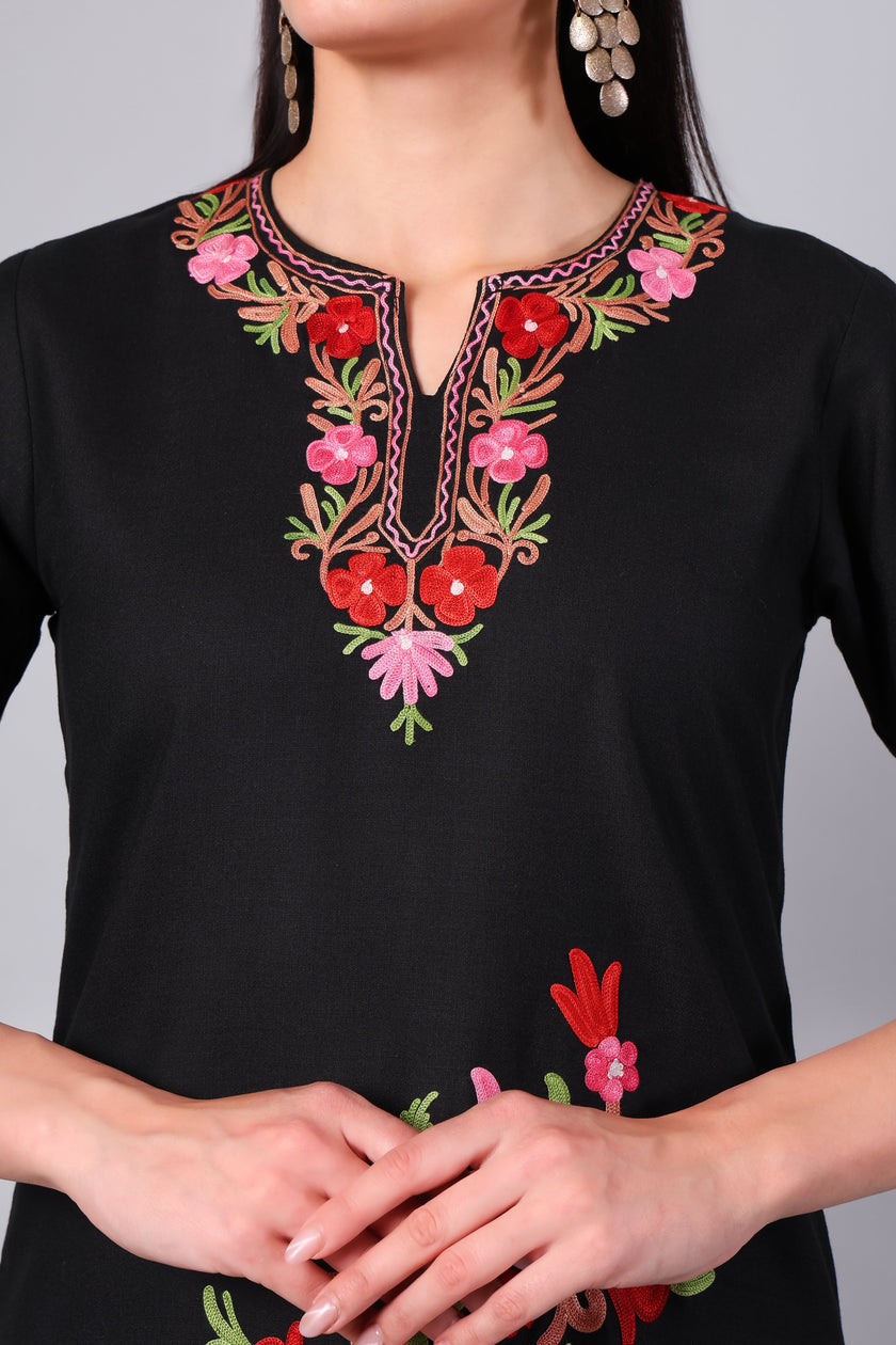 Black Kashmiri Aari Co-ord Set with Multicolour Floral Embroidery
