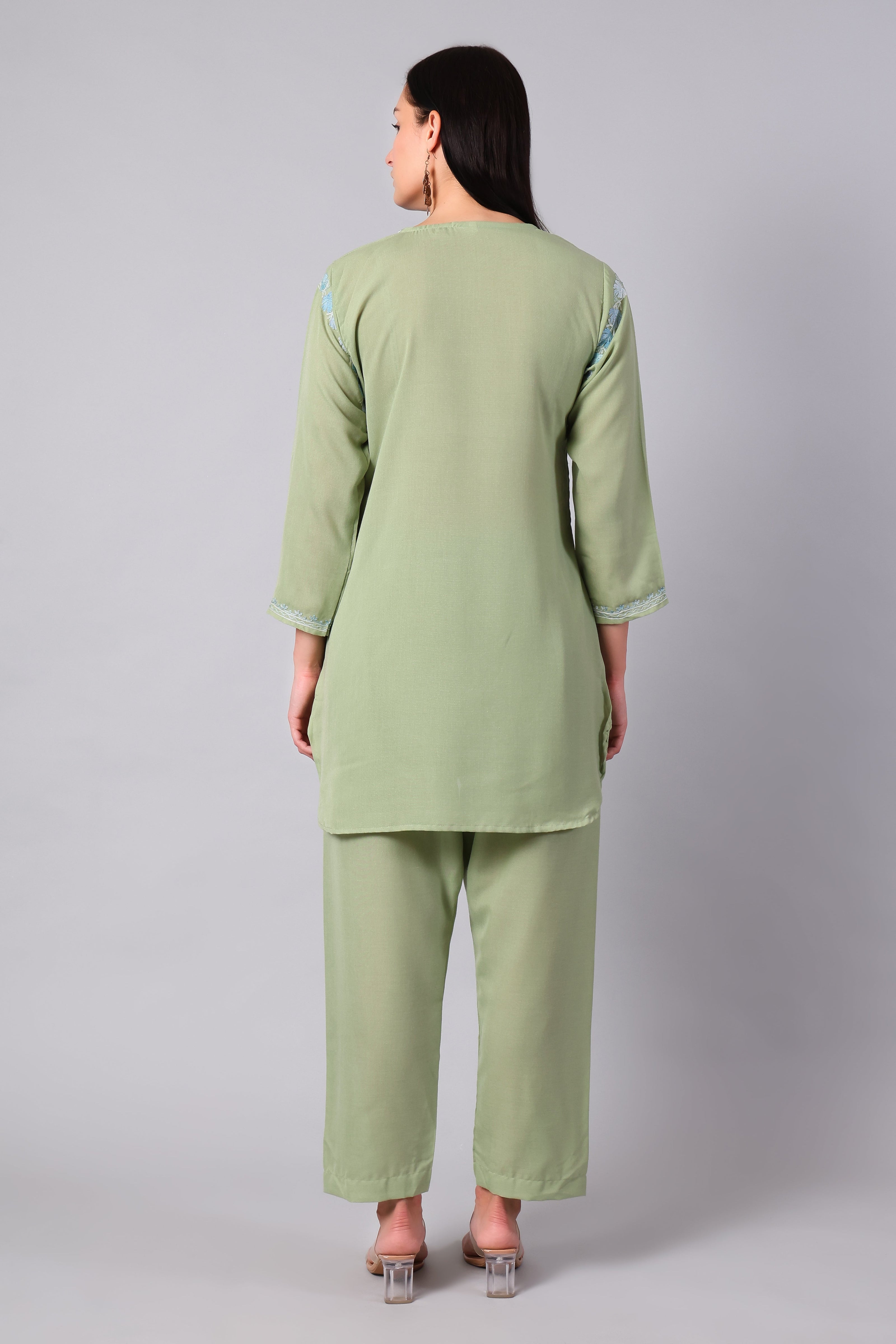 Sage Green Kashmiri Aari Co-ord Set with Powder Blue Embroidery