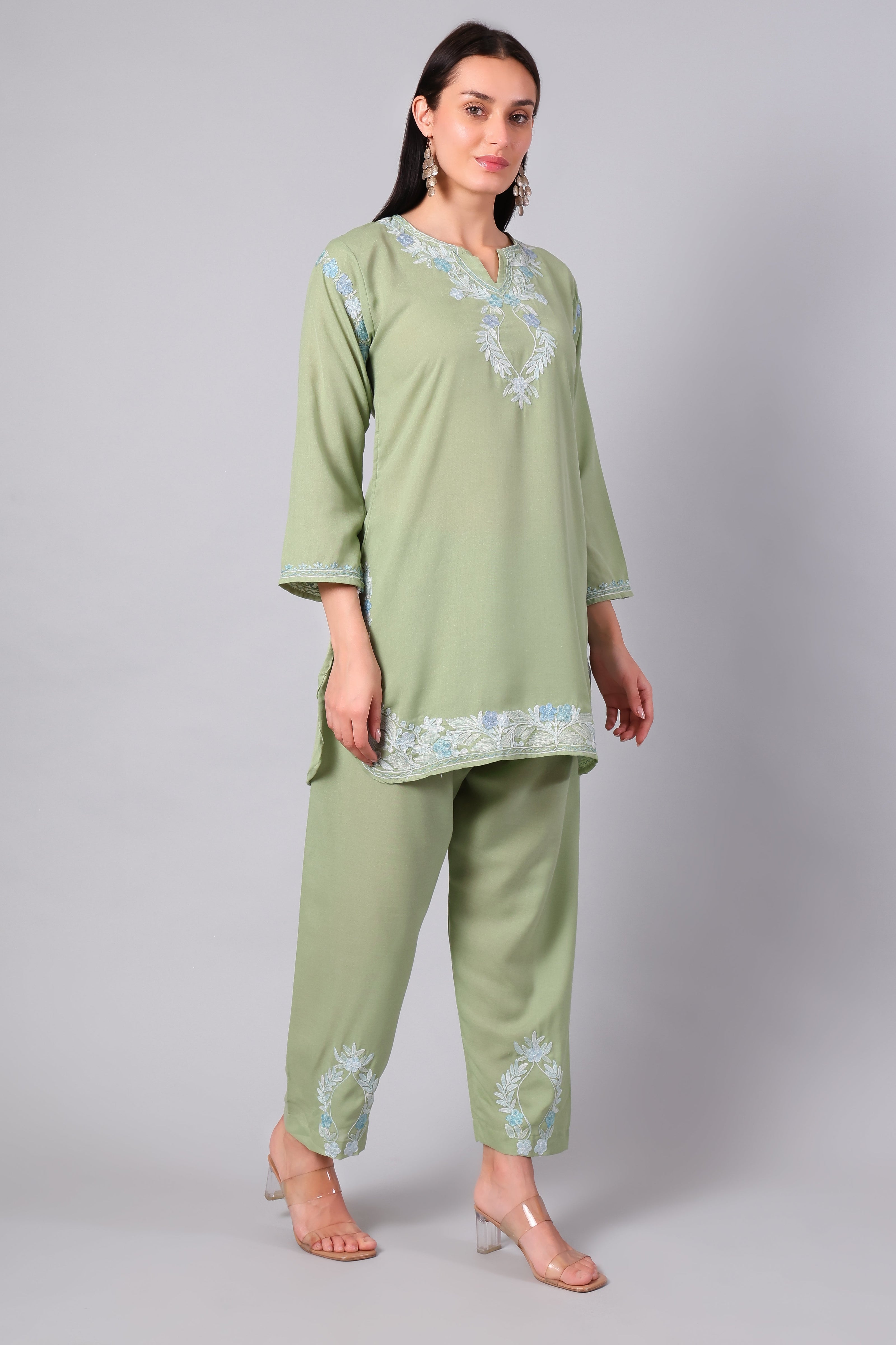 Sage Green Kashmiri Aari Co-ord Set with Powder Blue Embroidery