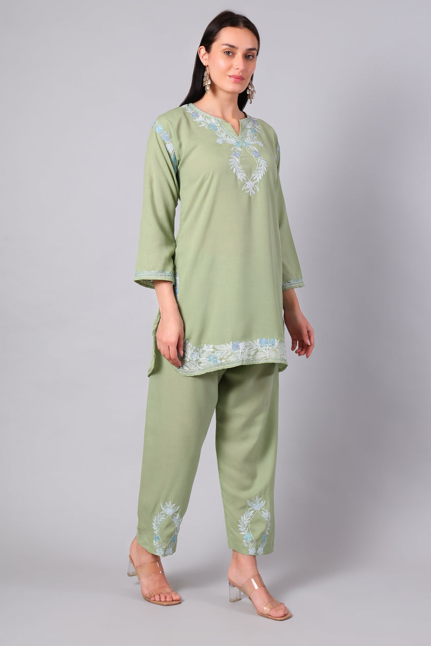 Sage Green Kashmiri Aari Co-ord Set with Powder Blue Embroidery