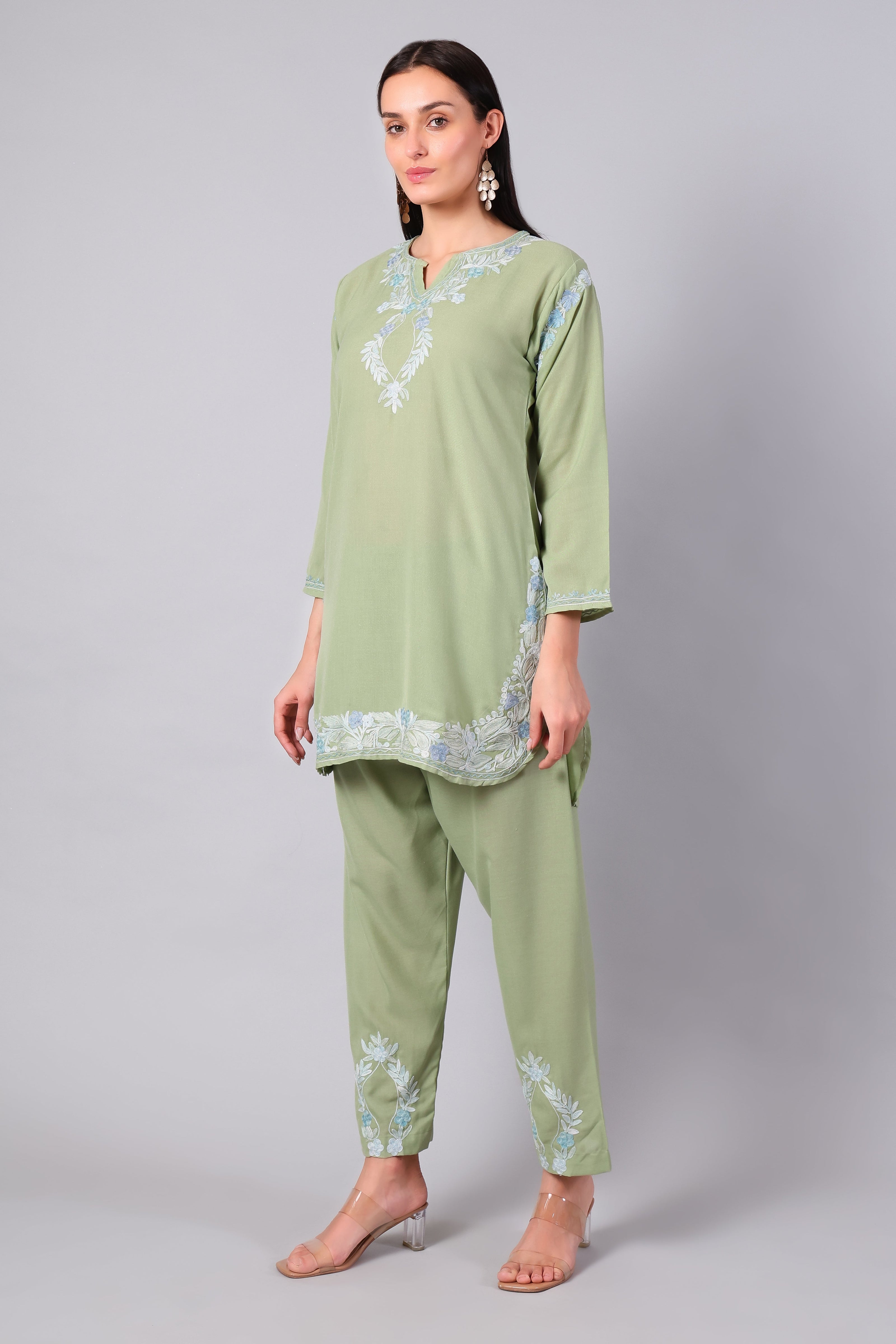 Sage Green Kashmiri Aari Co-ord Set with Powder Blue Embroidery