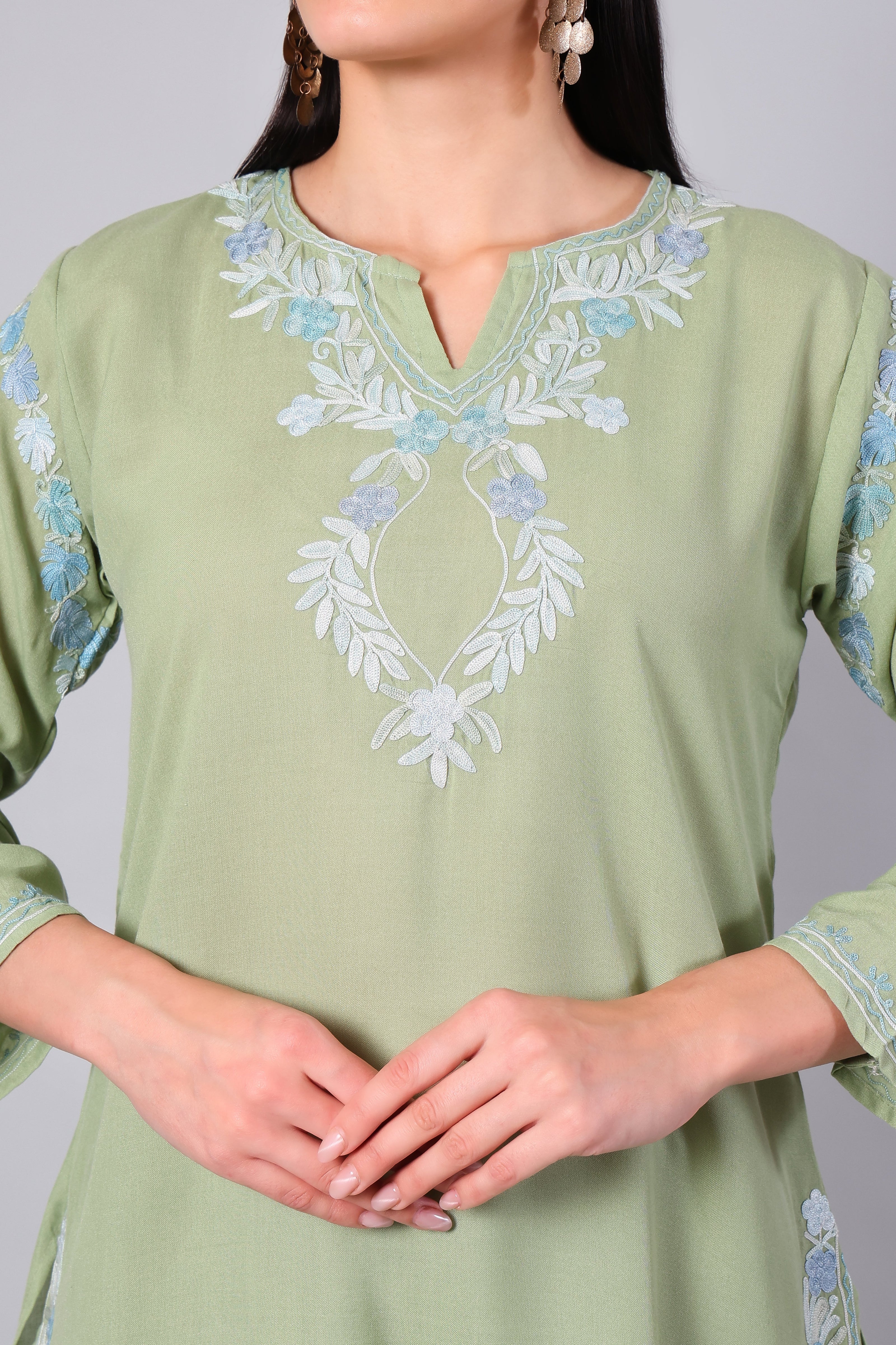 Sage Green Kashmiri Aari Co-ord Set with Powder Blue Embroidery