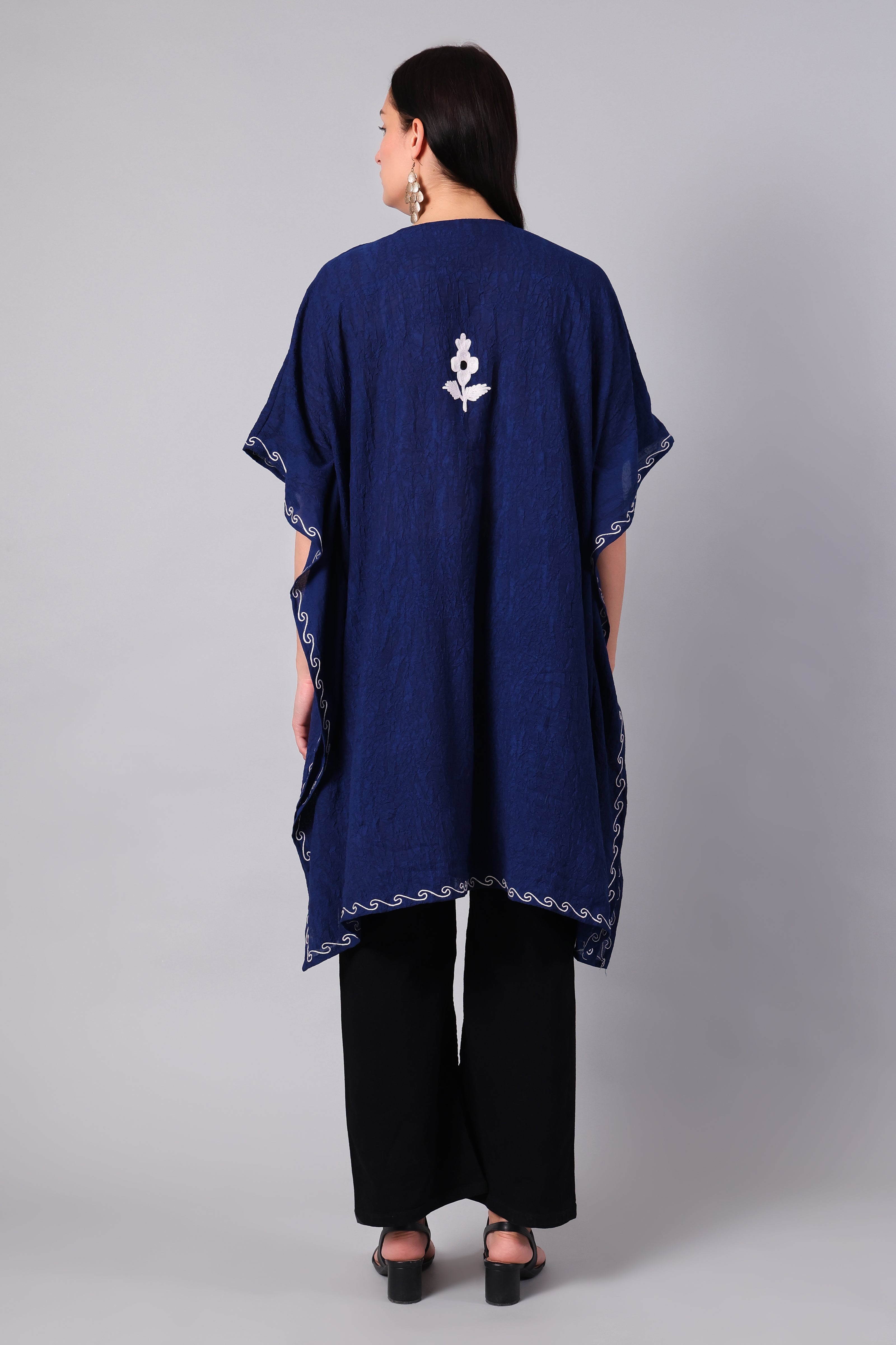 Novbahar Royal Blue Kashmiri Kaftan with White Aari Embroidery