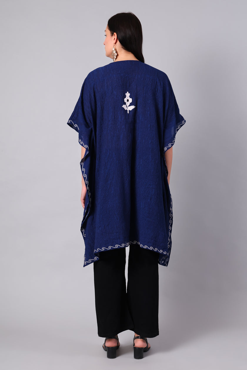 Novbahar Royal Blue Kashmiri Kaftan with White Aari Embroidery