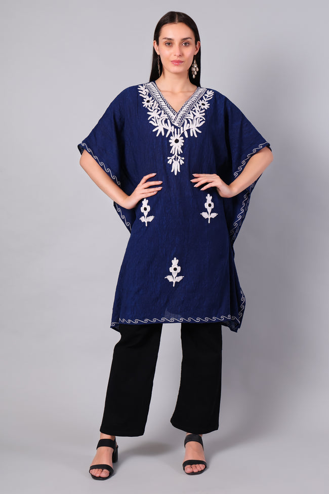 Novbahar Royal Blue Kashmiri Kaftan with White Aari Embroidery