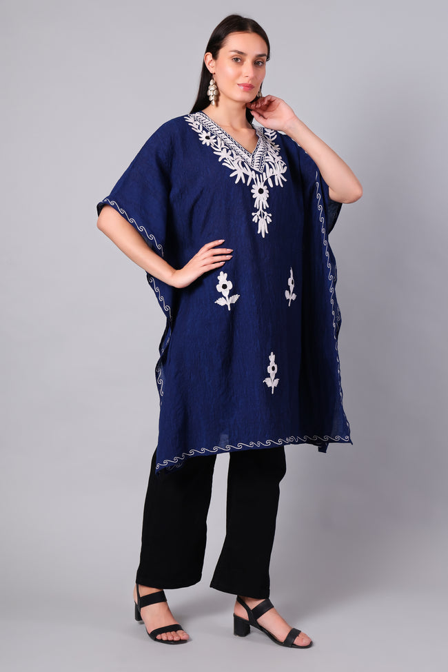 Novbahar Royal Blue Kashmiri Kaftan with White Aari Embroidery